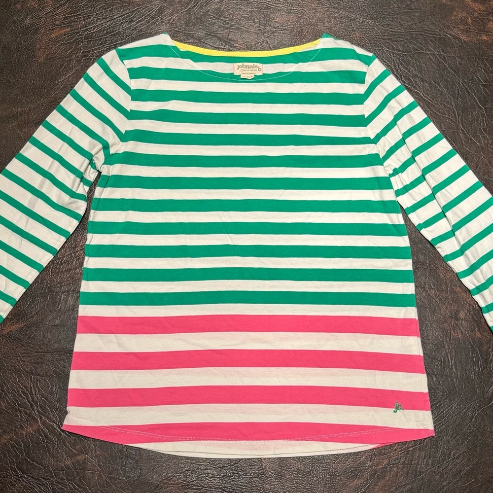 Green, White, Pink. Long sleeve 15-16 youth size JohnnieB t-shirt. 100% Cotton